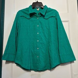 Reba Green Button-Up Embroidered Western Fringe 100% Cotton Top**